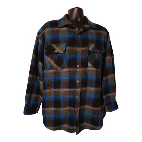 Polar King Heavy Flannel Snap Blue Black Plaid Mens Shirt Size XLR Excellent Con - Picture 2 of 9